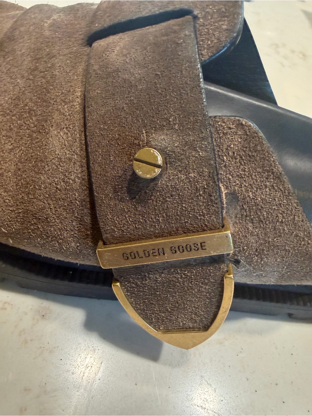 Golden Goose Brown Suede Buckle Mules with Gold-Tone Hardware